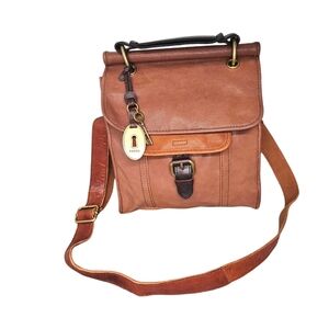 FOSSIL Long Live Vintage EMORY Buckle Flap Brown Leather Crossbody / Top Handle